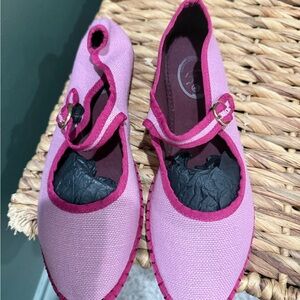 Flabelus Pink Mary Jane Canvas Flats with Dark Pink Trim